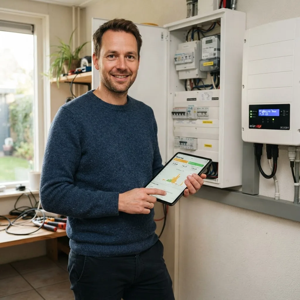 Portret van de oprichter van Wattwijzer bij zijn meterkast